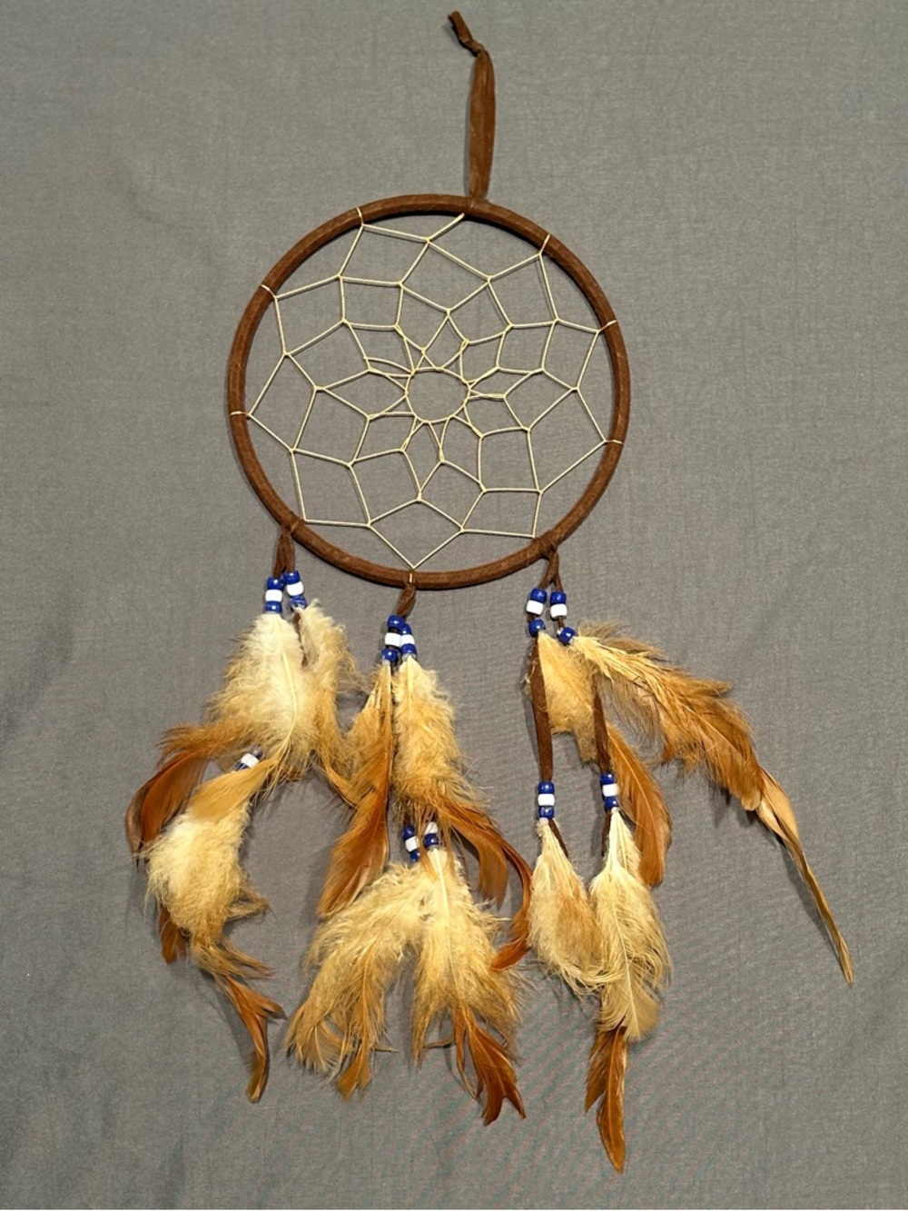 Dream Catcher Brown  Blue White Beads Feathers Small Native American Decor